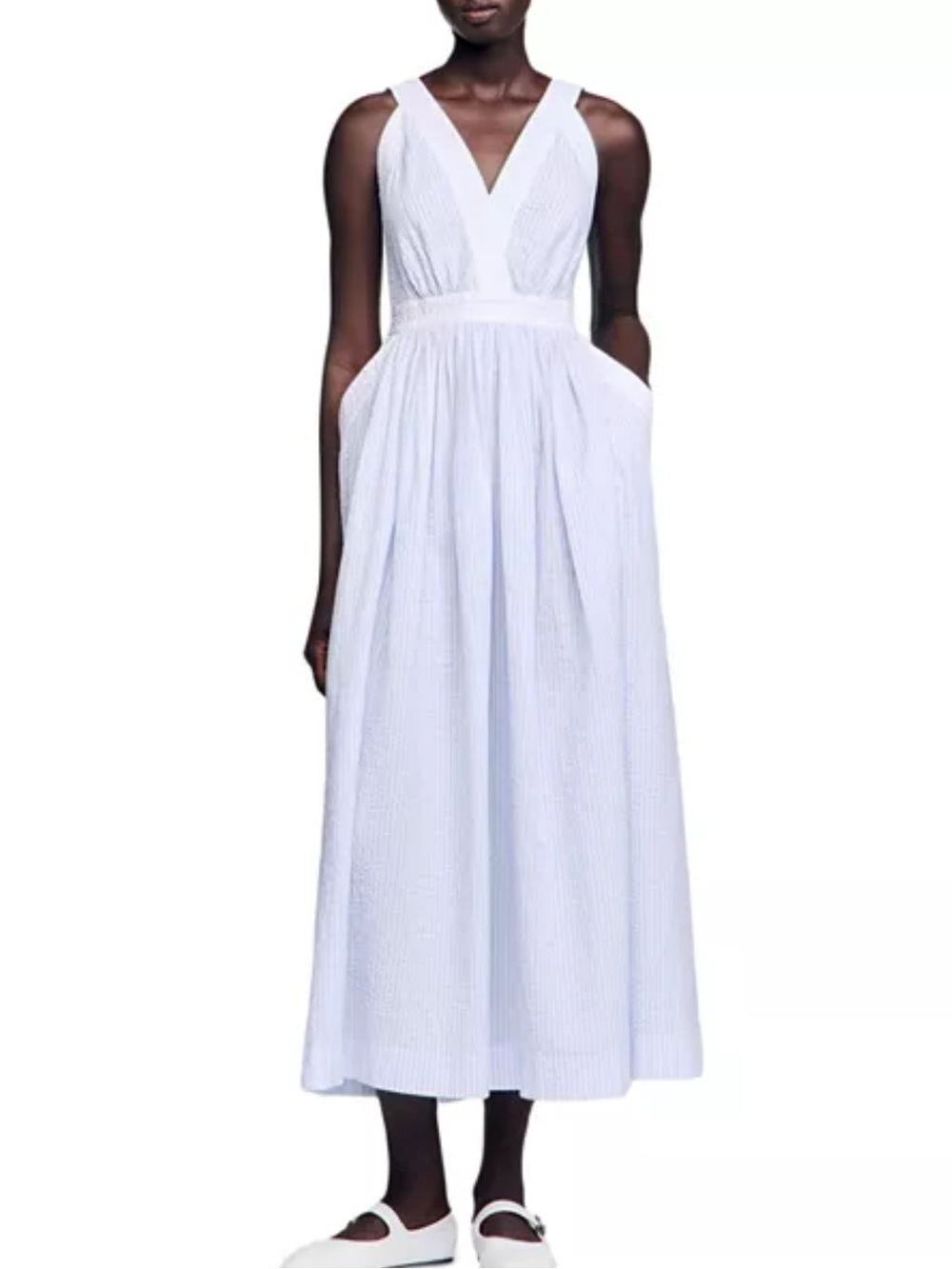 Sandro Blue Striped V-Neck Maxi Dress
